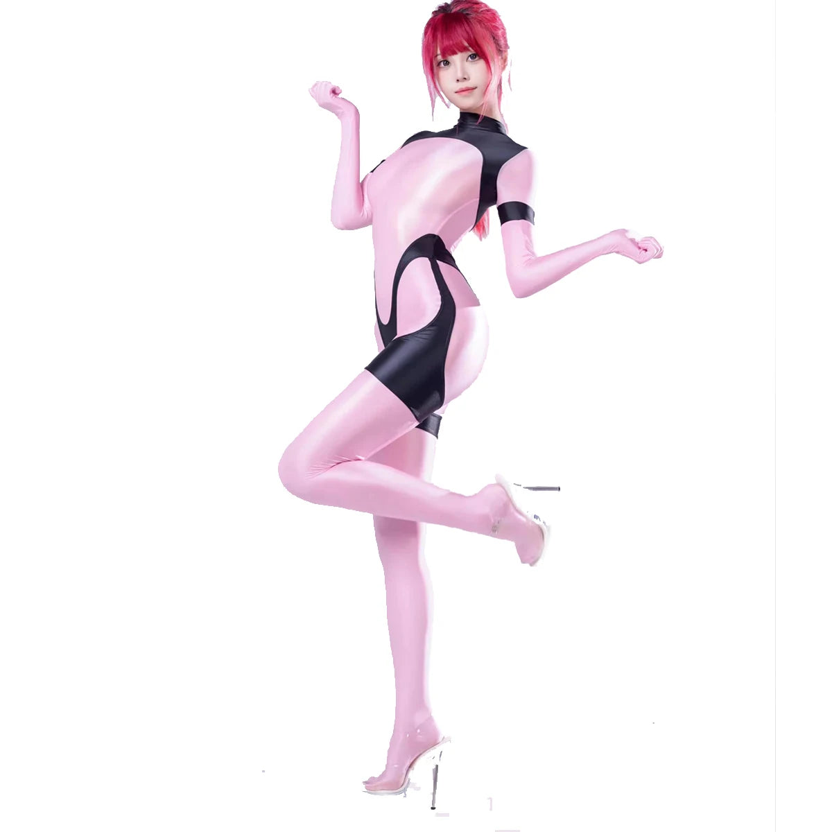 Glossy Smooth Elastic Long Sleeve Back Zipper Jumpsuit