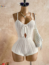 White Crochet Front Tie Sleeveless Backless Playsuit