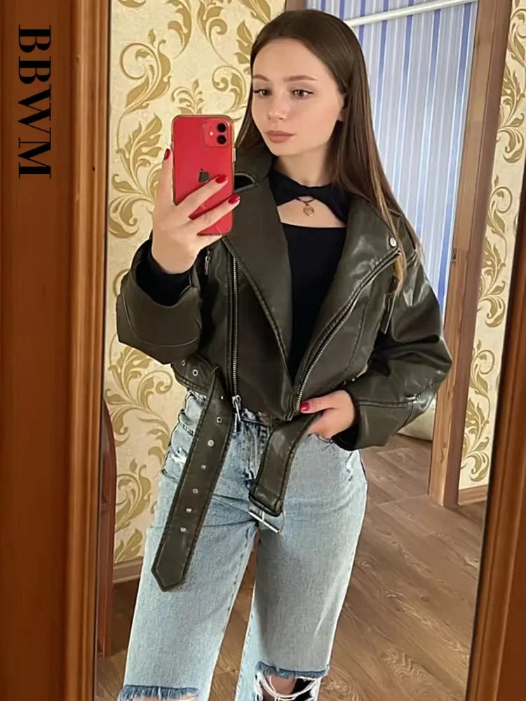 BBWM Oversized Loose Faux Leather Short Jacket with Belt