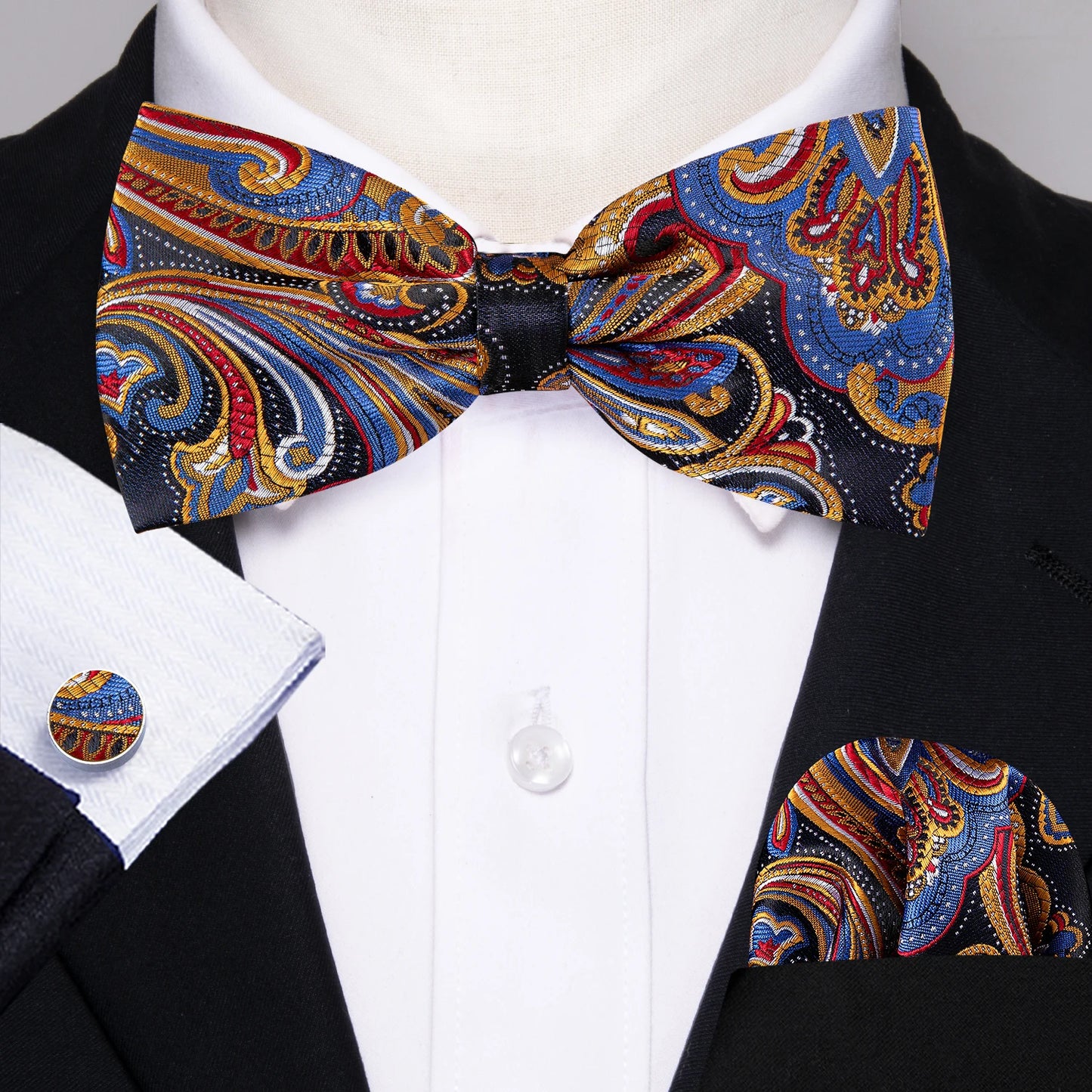 Barry.Wang Silk Bow Tie Hanky Cuffs Set