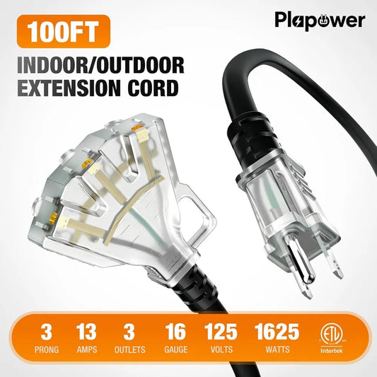 100 FT 16/3 Heavy-Duty Outdoor Extension Cord with 3 Outlets