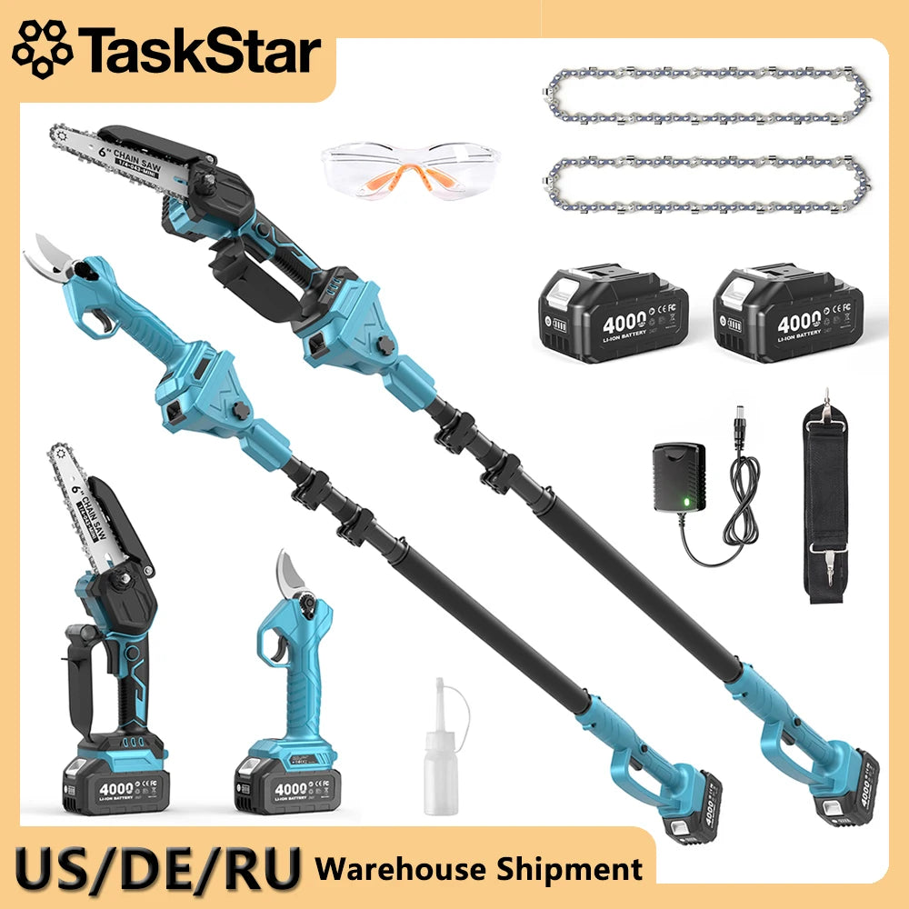 TaskStar 3-in-1 Telescoping Pole Pruner Electric Chainsaw w/2 4.0Ah Rechargeable Batteries