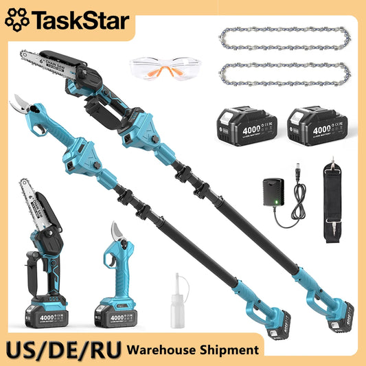 TaskStar 3-in-1 Telescoping Pole Pruner Electric Chainsaw w/2 4.0Ah Rechargeable Batteries