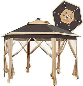 13×13 Pop-Up Patio Gazebo Tent W/Mesh Netting Sides & 25 Solar LED Lights