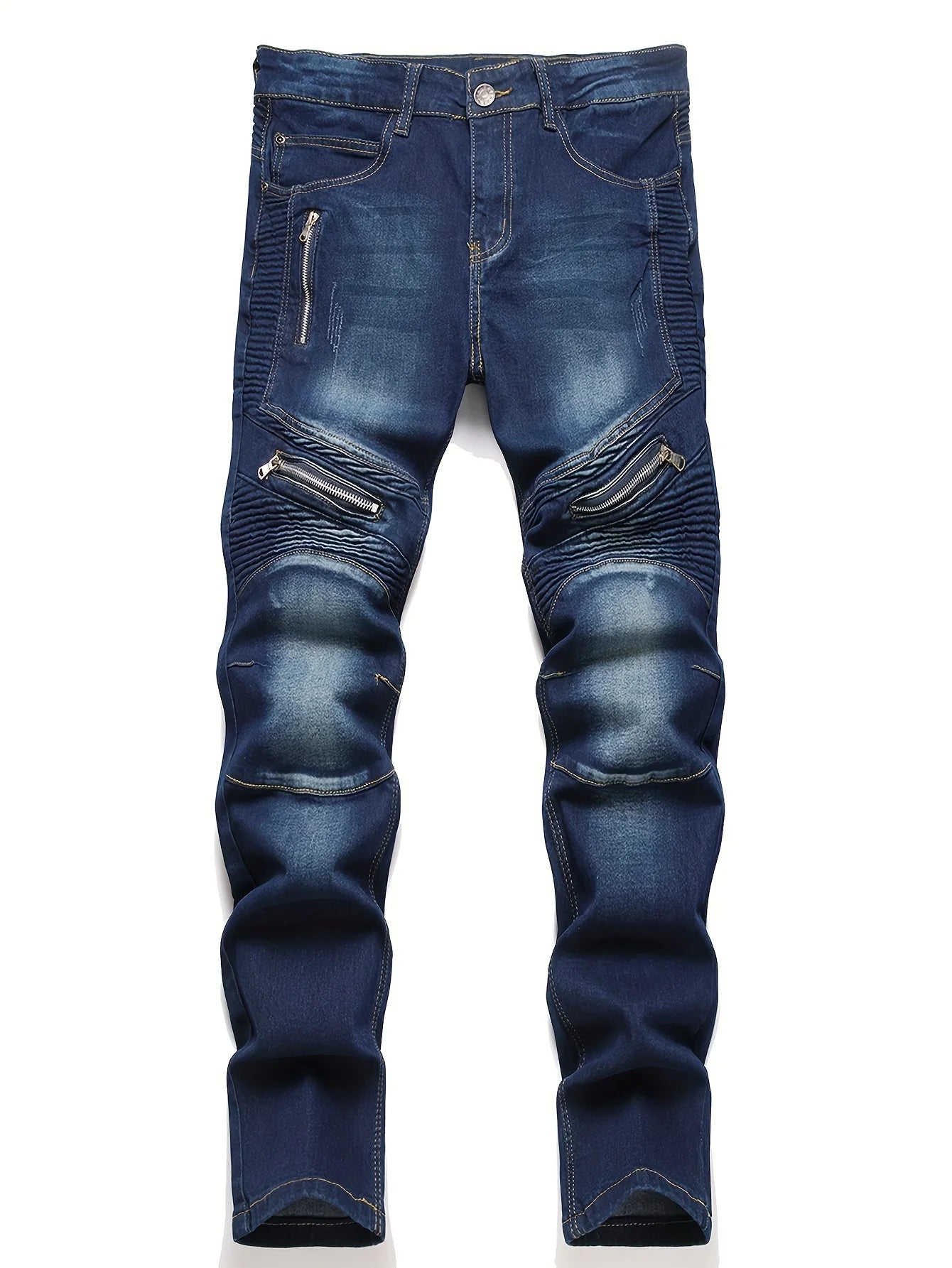 Ribbed Elastic Waist Straight Leg Jeans