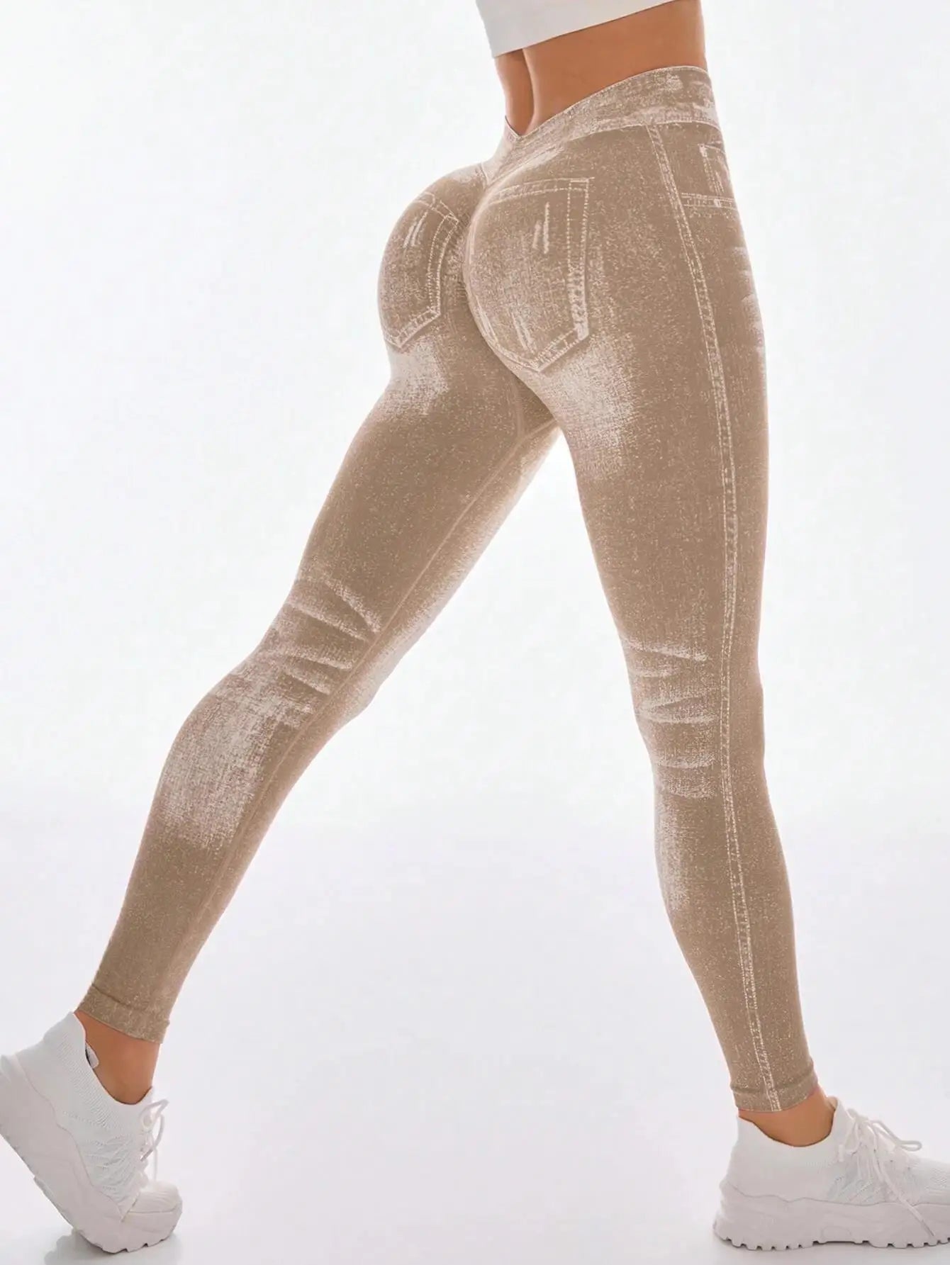 Women's V-Back High-Waisted Faux Denim Jeggings – Tummy Control & Booty Lifting