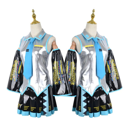 Hatsune Miku Cosplay Costume Set, Silver Leather JK Sailor Dress Uniform Outfit