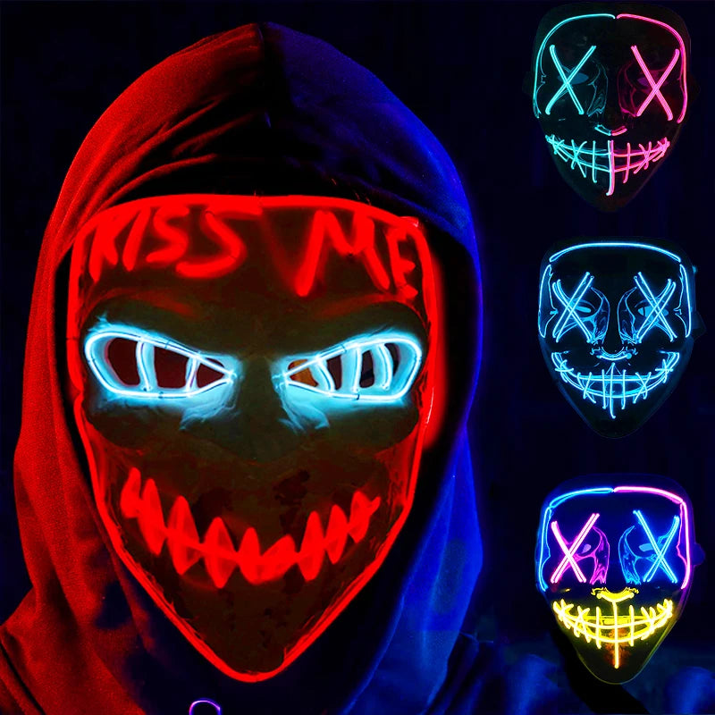 LED Light-Up Neon Wire Purge Mask – 3-Mode Halloween Horror Cosplay Mask for Adults
