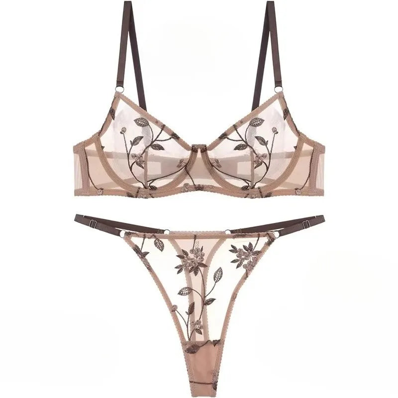 Women's Embroidered Mesh Sheer Bra & Thong Lingerie Set