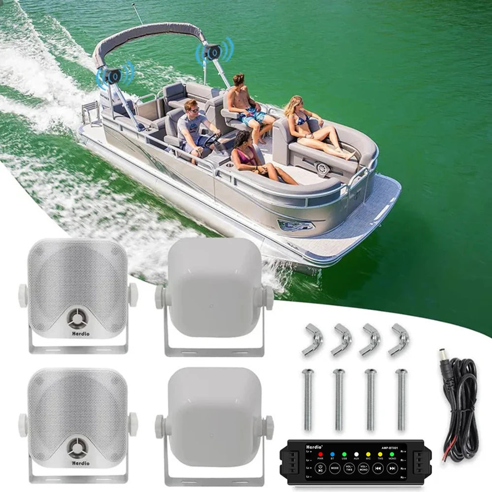 Herdio 4" Waterproof Marine Speakers with Bluetooth Amplifier Kit for Boat, Garden & Patio