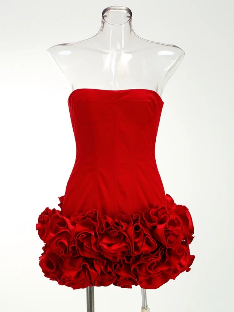 Strapless Backless Red Structured Floral Embellished Mini Length Cocktail Dress