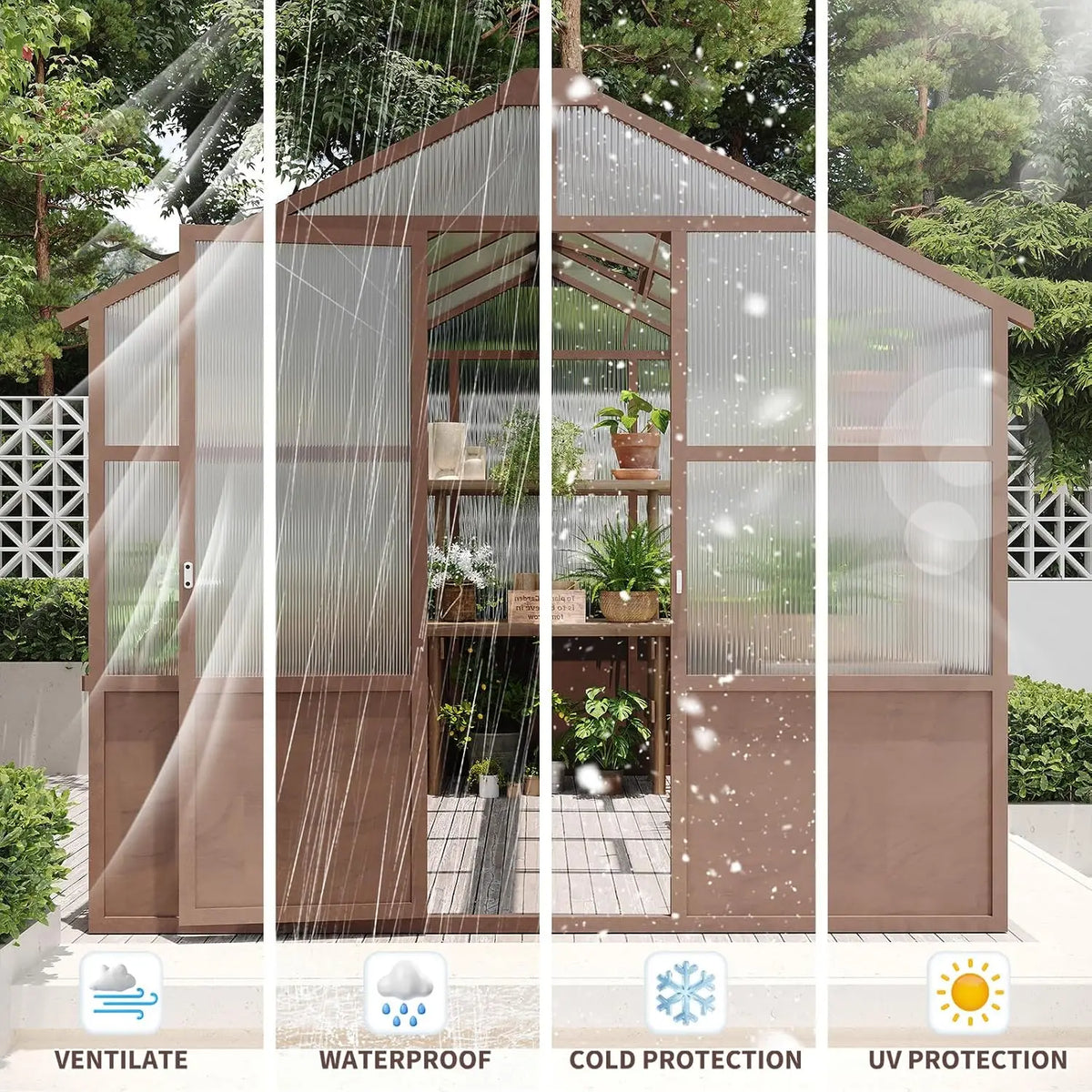 Walk-In Wooden Greenhouse with 6mm Twin-Wall Polycarbonate Panels
