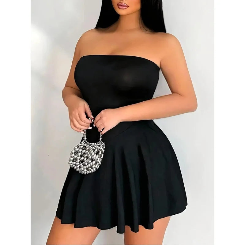 Women's Strapless High Waist Bell Mini Dress - Fitted Bodycon Night Out Party Dress