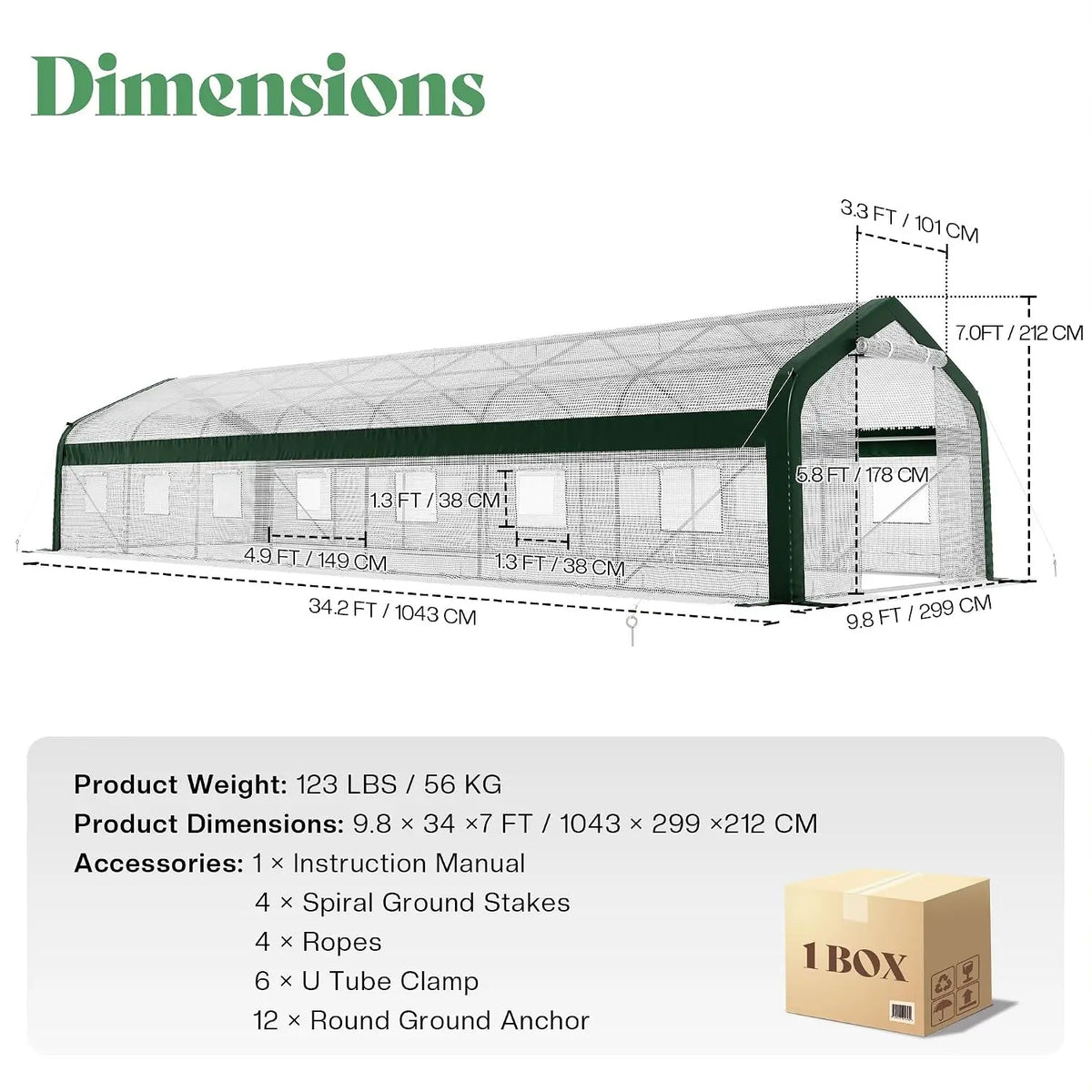 34x10x7 FT Walk-in Tunnel Greenhouse with Watering System
