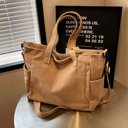 Women Corduroy Multi-Pocket Shoulder Tote & Crossbody Sling Bag