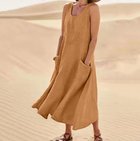 Cotton Linen Sleeveless Double Big Pocket Loose Dress