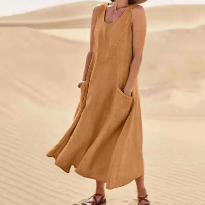 Cotton Linen Sleeveless Double Big Pocket Loose Dress