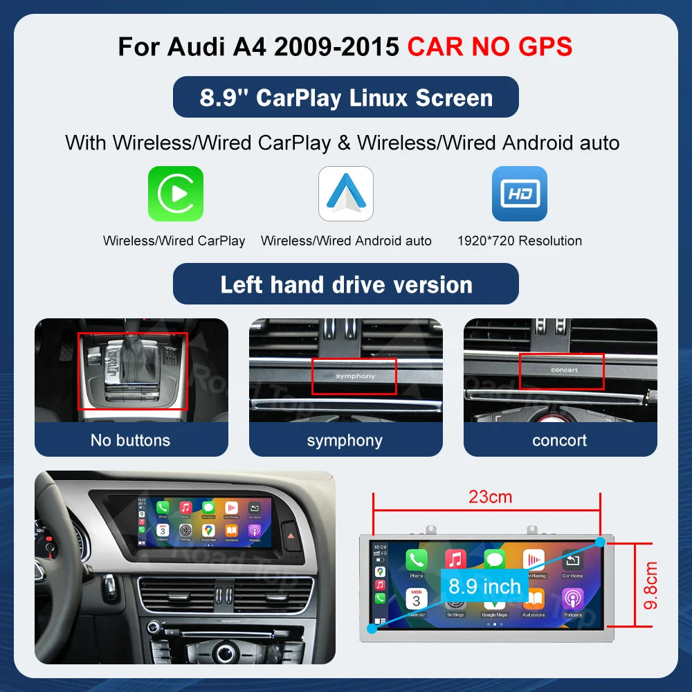 Road Top 8.9" / 12.3" Touchscreen Multimedia Display for Audi A4 S4 (2009–2015) with Wireless CarPlay & Android Auto
