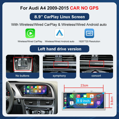 Road Top 8.9" / 12.3" Touchscreen Multimedia Display for Audi A4 S4 (2009–2015) with Wireless CarPlay & Android Auto