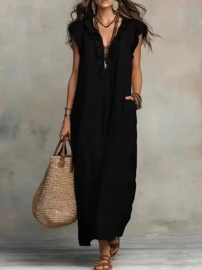 Women's Boho V-Neck Sleeveless Ruffle Solid Color Maxi Dress