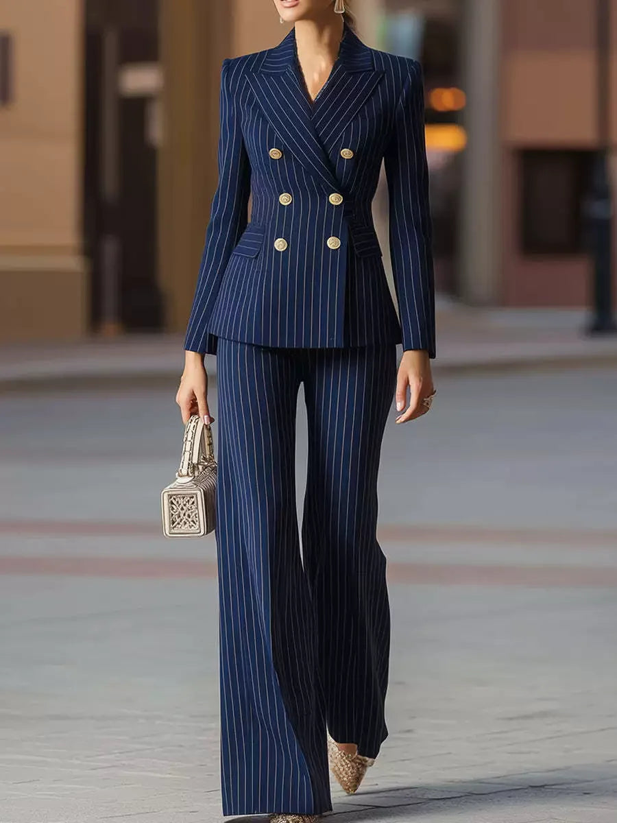 Women's Elegant Striped Double-Breasted Blazer & Wide-Leg Pants 2-Piece Suit Set