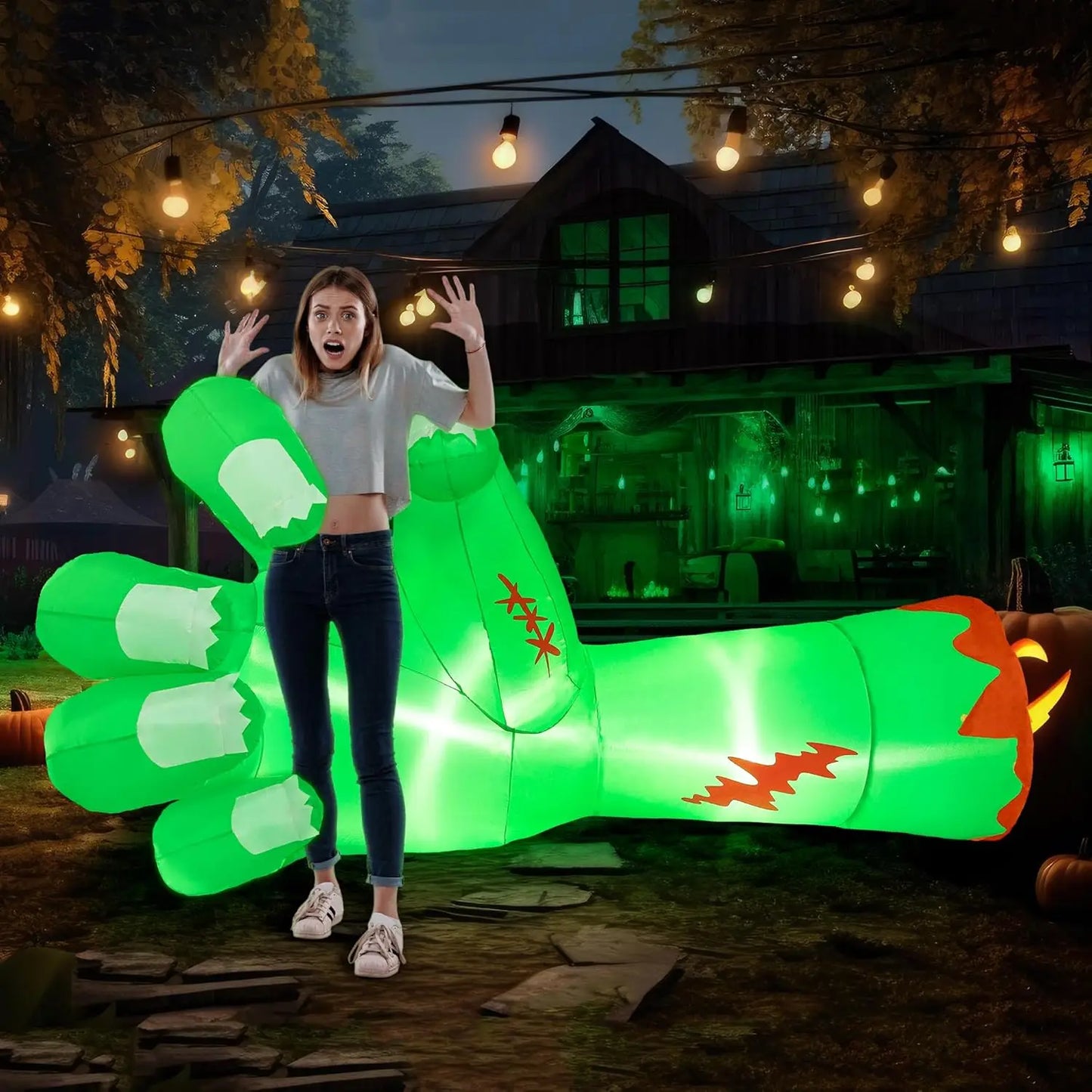 9ft Giant Zombie Arm Inflatable Halloween Outdoor Yard Decoration with LED Lights