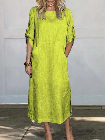 Women's Casual 3/4-Sleeve Cotton Linen Pullover Dress with Pockets