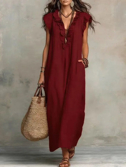 Women's Boho V-Neck Sleeveless Ruffle Solid Color Maxi Dress