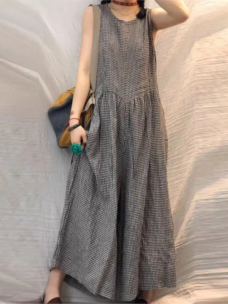Oversized Plaid Sleeveless Wide Leg Jumpsuit