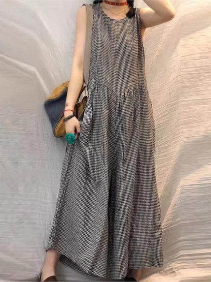 Oversized Plaid Sleeveless Wide Leg Jumpsuit