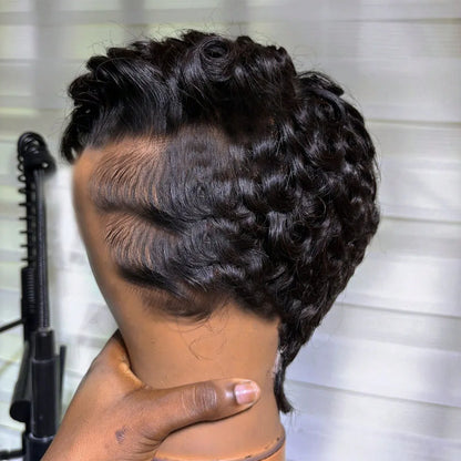 Short Pixie Cut Curly Wave Human Hair Wig, 6 Inch, 250% Density Glueless