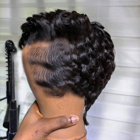 Short Pixie Cut Curly Wave Human Hair Wig, 6 Inch, 250% Density Glueless