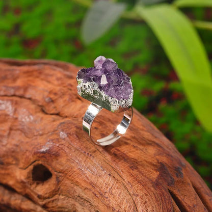 Natural Crystal Reiki Raw Irregular Amethyst Cluster Druzy Adjustable Finger Ring