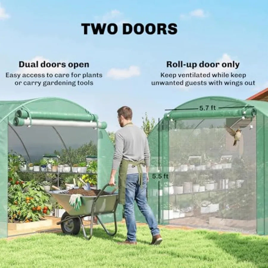 10'x11'x6' Walk-in Tunnel Greenhouse with Shelves Mesh Door and Windows & PE Cover