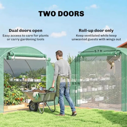 10'x11'x6' Walk-in Tunnel Greenhouse with Shelves Mesh Door and Windows & PE Cover