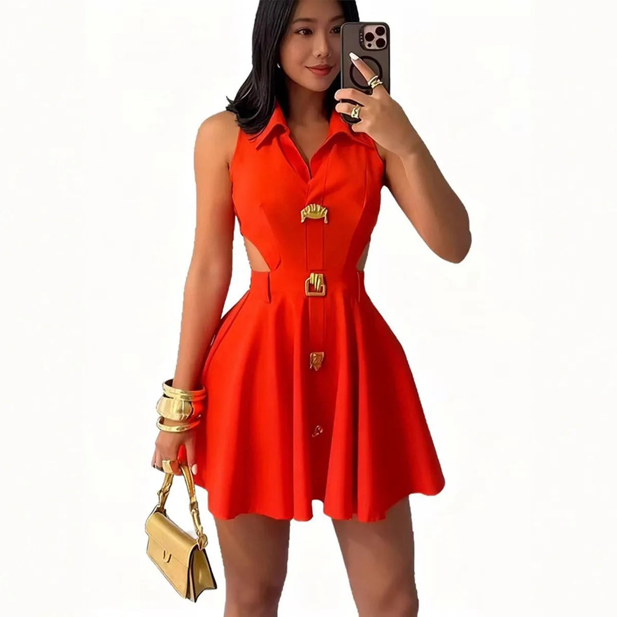 Women's Casual Sleeveless Hooded V-Neck Midi Dress with Side Buttons & Pockets