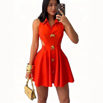 Women's Casual Sleeveless Hooded V-Neck Midi Dress with Side Buttons & Pockets