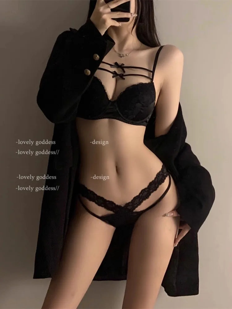 YUQI Push-Up Lace Bra Set with Bow Detail
