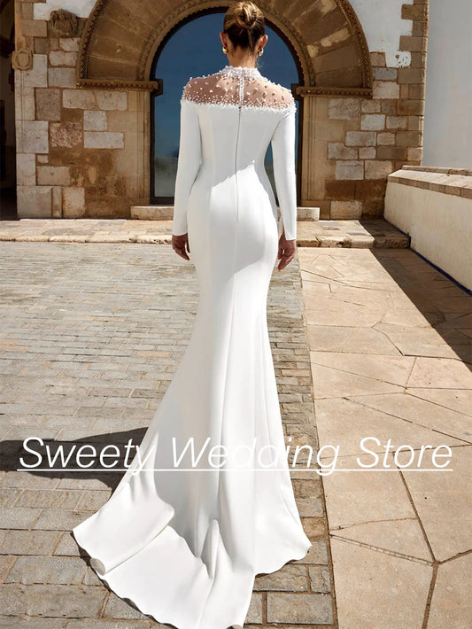 High-Neck Pearl Beaded Mermaid Wedding Dress with Long Sleeves & Sweep Train