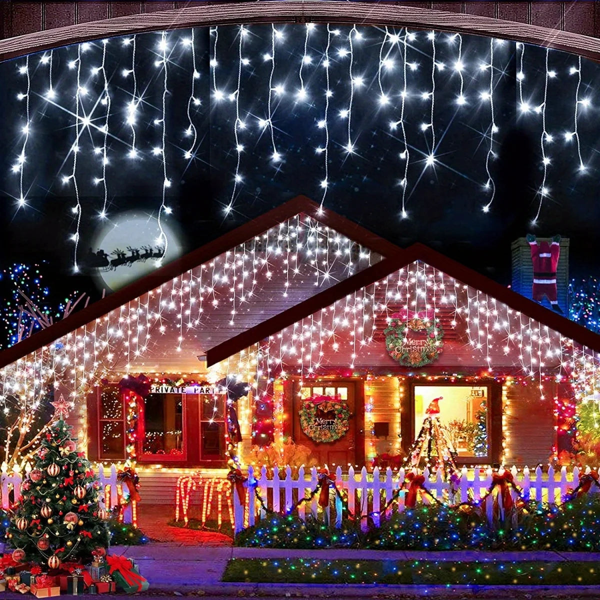 Outdoor Waterproof LED Icicle Curtain Lights - 8 Lighting Modes Christmas & Holiday Solar String Lights