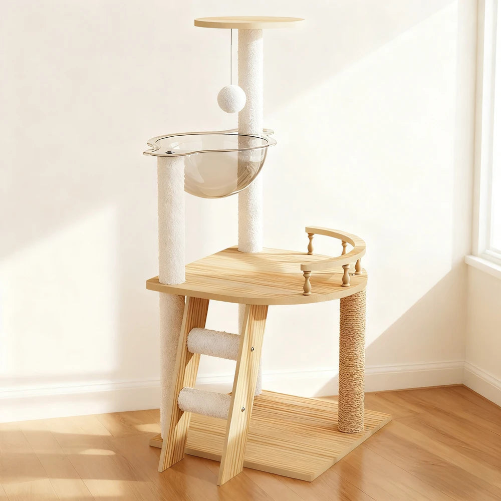 41.3" Modern Wood Cat Tower with Acrylic Space Capsule Hammock