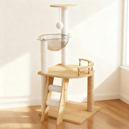 41.3" Modern Wood Cat Tower with Acrylic Space Capsule Hammock