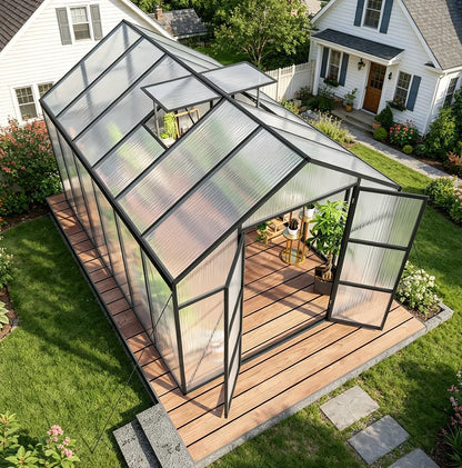 SUSUA 8x12FT Polycarbonate Raised Base and Anchor Aluminum Heavy Duty Greenhouse