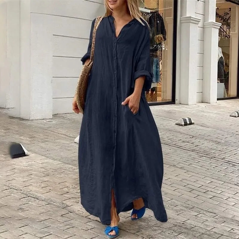 Women’s Casual Cotton-Linen Blend Maxi Dress – Loose Fit Floor-Length Shirt Dress with Pockets