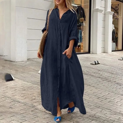 Women’s Casual Cotton-Linen Blend Maxi Dress – Loose Fit Floor-Length Shirt Dress with Pockets
