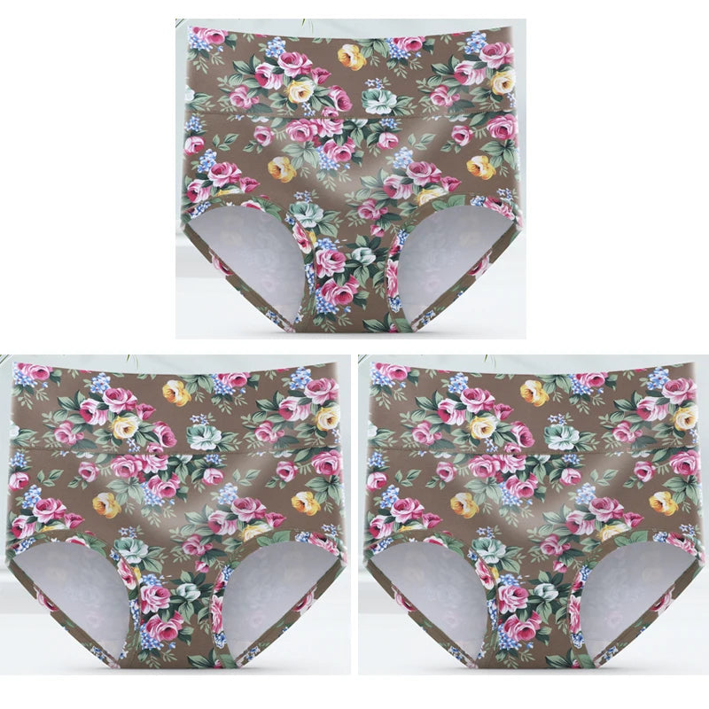 3-Pack Women's Floral Print High-Waisted Briefs - Plus Size Breathable Cotton Panties