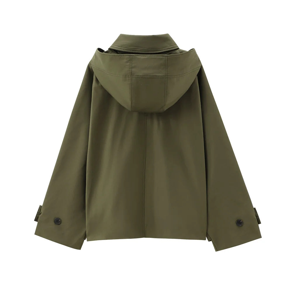Women's European & American Style Hooded Lapel Jacket – Single-Breasted Trench Coat