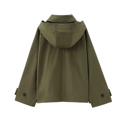 Women's European & American Style Hooded Lapel Jacket – Single-Breasted Trench Coat