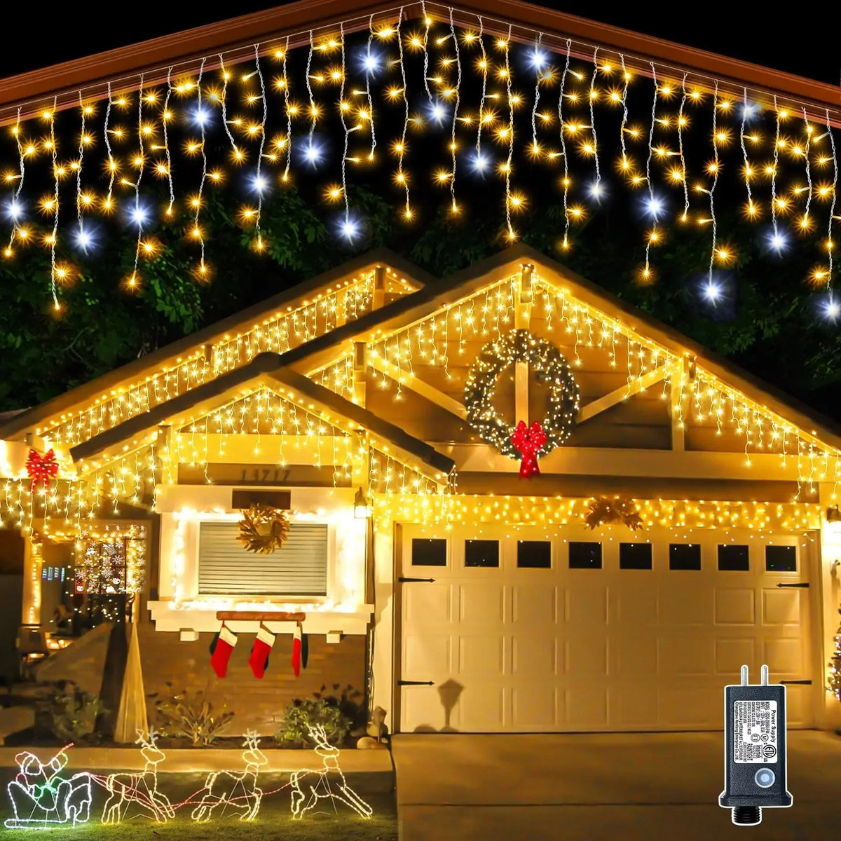 Outdoor LED Icicle Curtain Lights - Waterproof Fairy String Lights with White Flash Effect