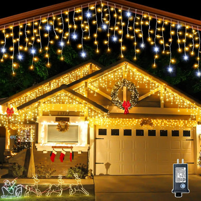 Outdoor LED Icicle Curtain Lights - Waterproof Fairy String Lights with White Flash Effect